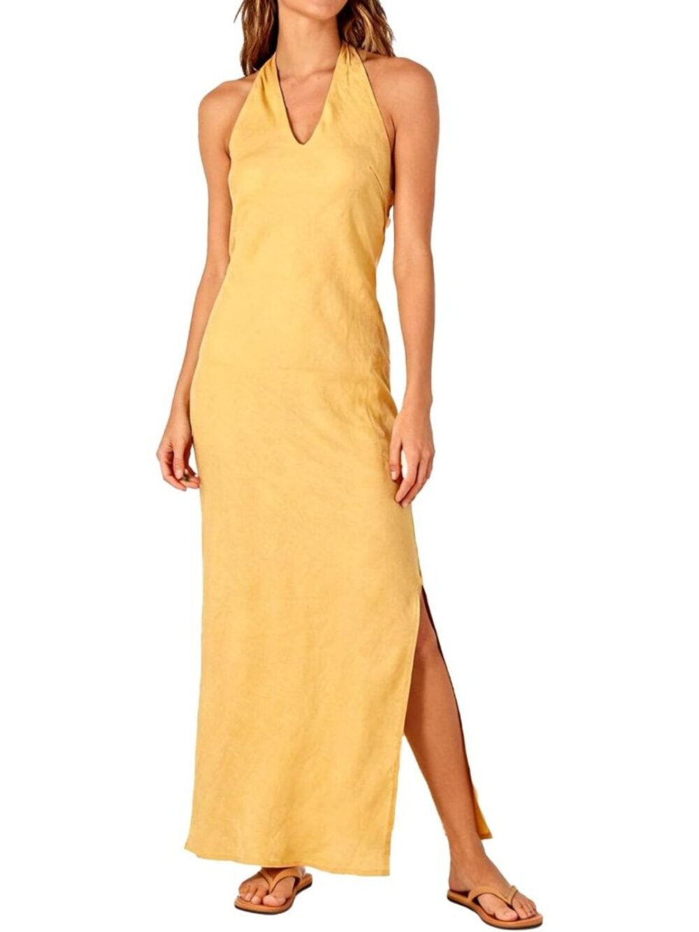 Chic Women's 100% Linen Bodycon Halter Maxi Dress with Side Splits - Summer